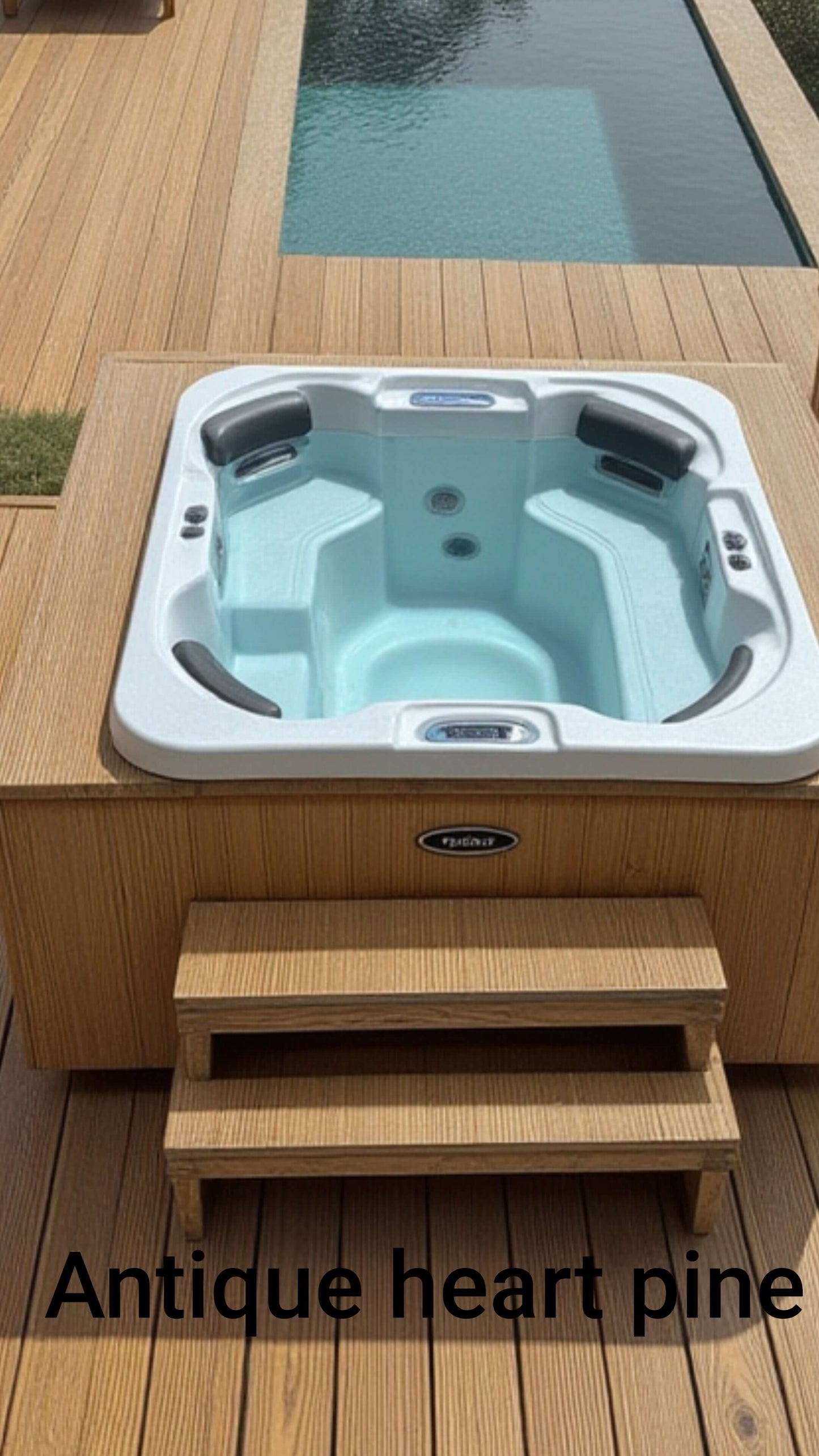 thermally modified antique heart pine deck and jacuzzi