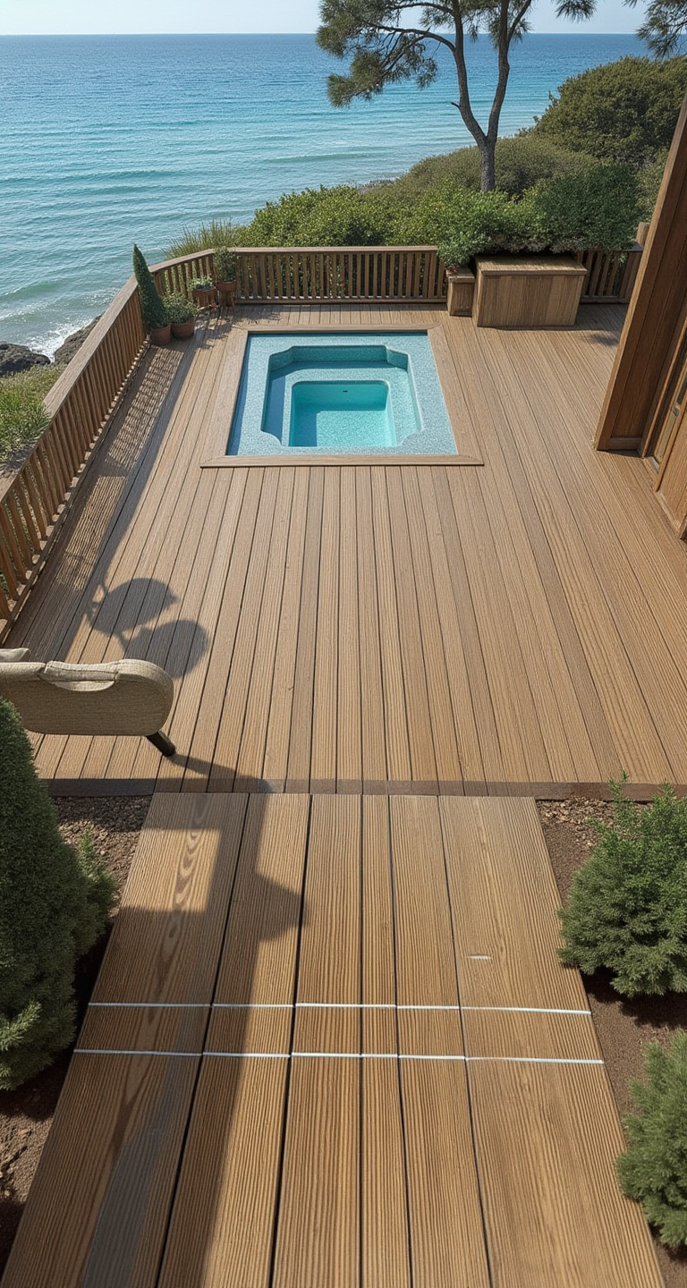100-year-old Antique Heart Pine decking – solid ¾″ thermally modified American hardwood deck planks installed over a concrete patio and pool surround; 100% green, waterproof wood decking.