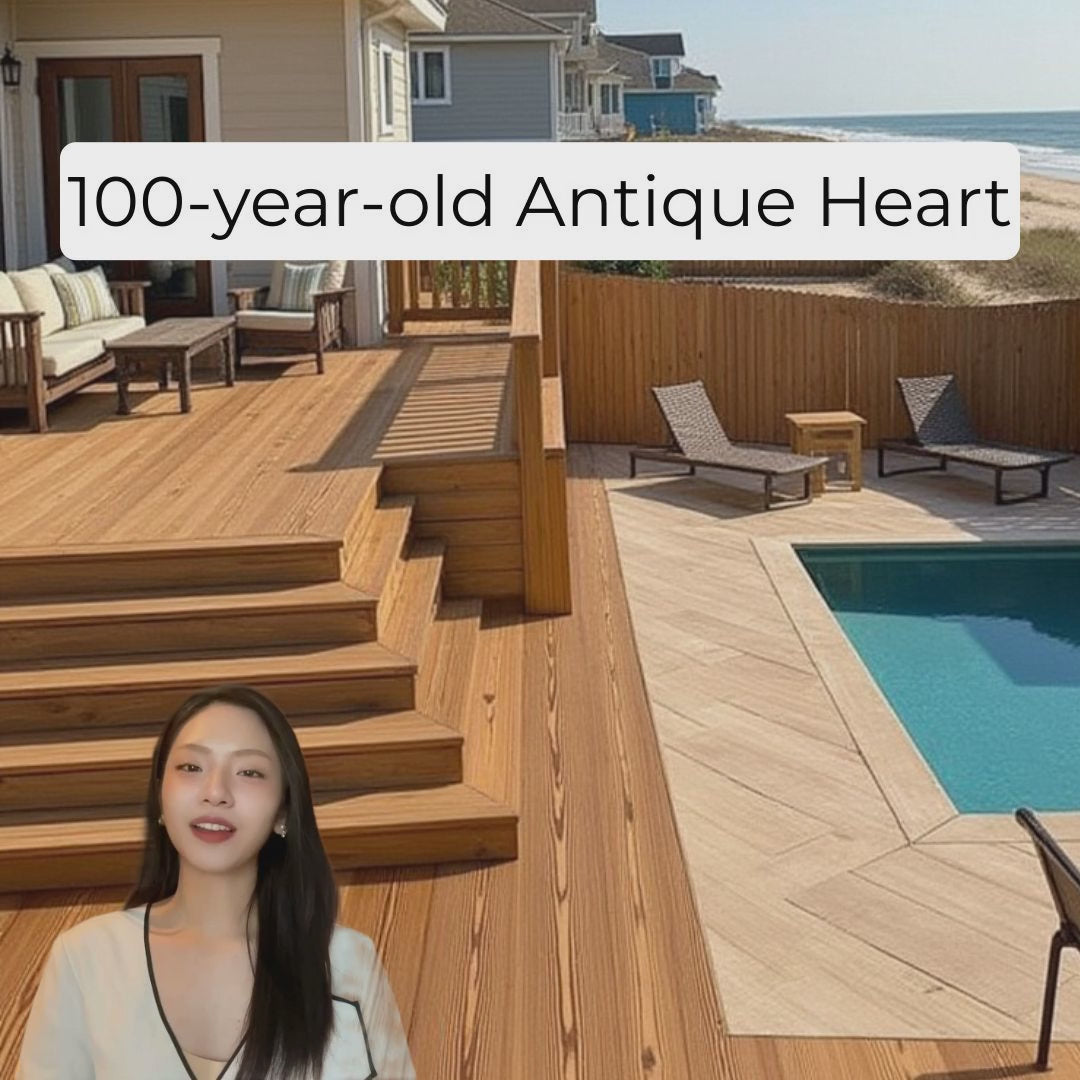 thermally modified hardwood planks installed on a concrete patio and pool surround, demonstrating waterproof performance and termite-resistant, 100% green eco-friendly solid wood decking.