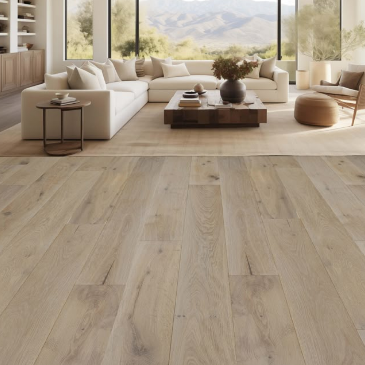 Thermally modified white oak flooring on concrete-living room